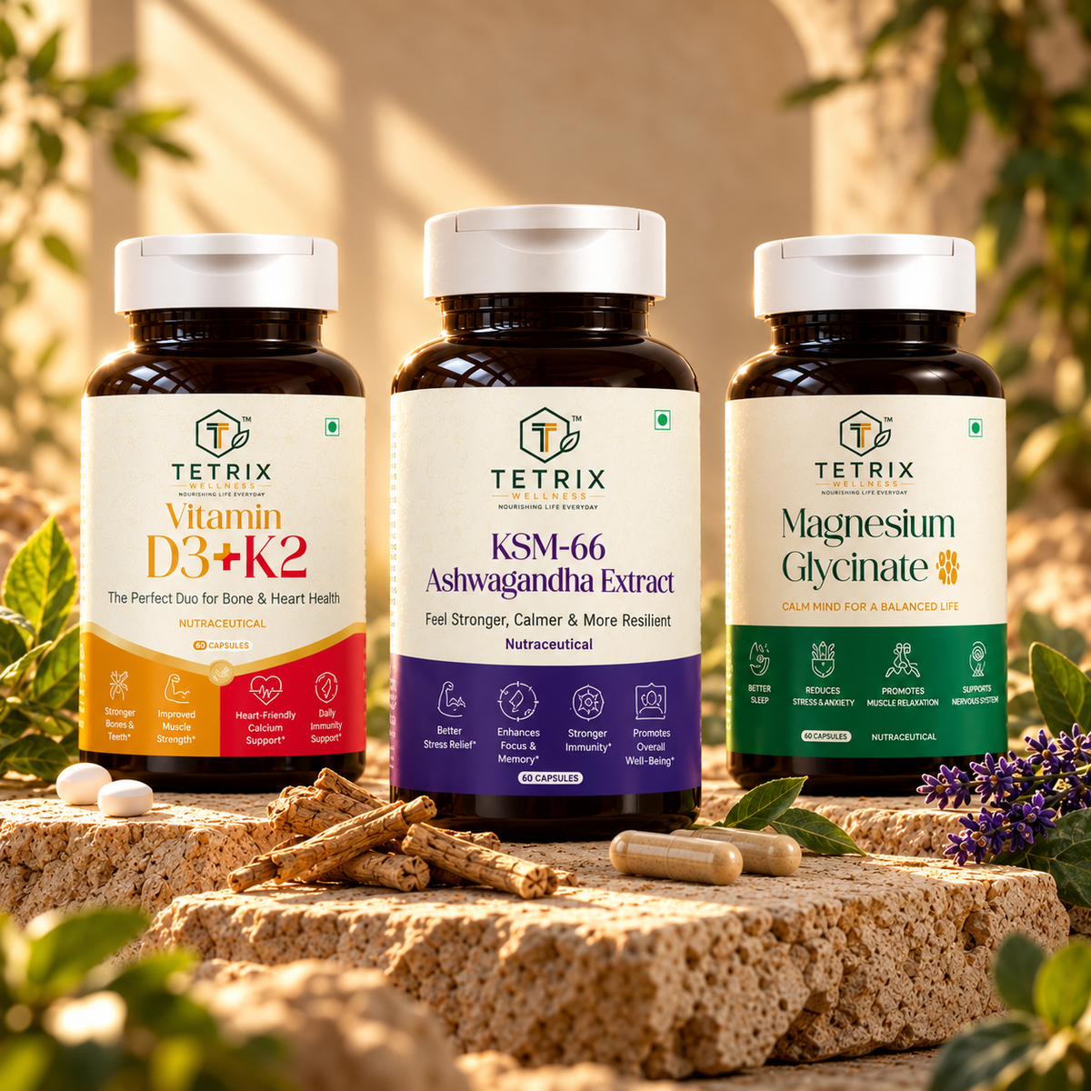 Tetrix Complete Wellness Stack — Vitamin D3+K2, KSM-66 Ashwagandha and Magnesium Glycinate